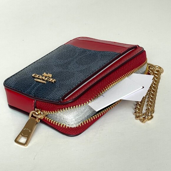 Coach Zip Card Case Wallet CW883 Blue Denim Red Canvas Chain Strap ID - Picture 5 of 6